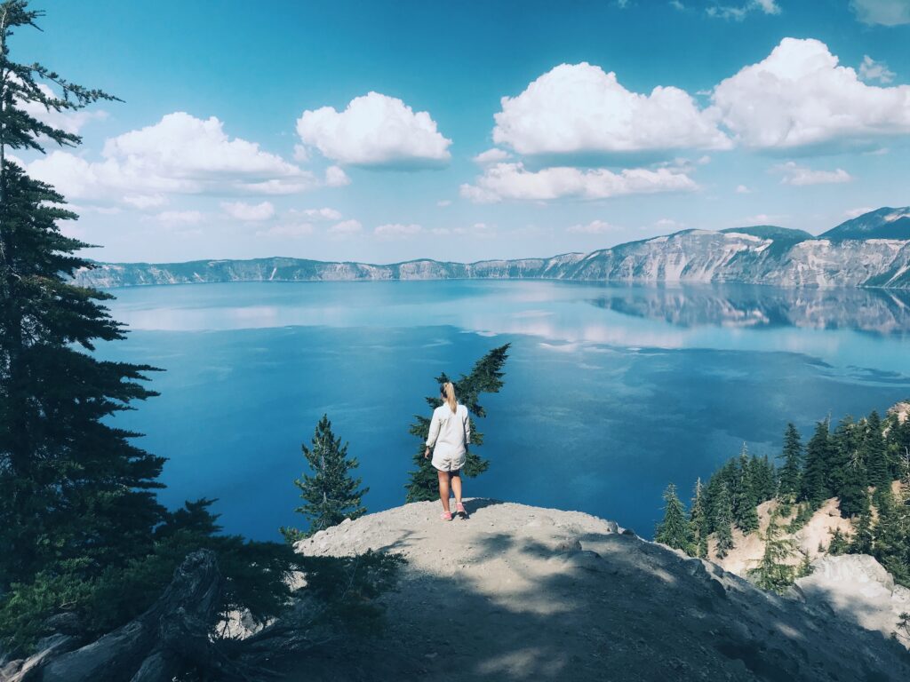 Woman looking at Crater Lake
